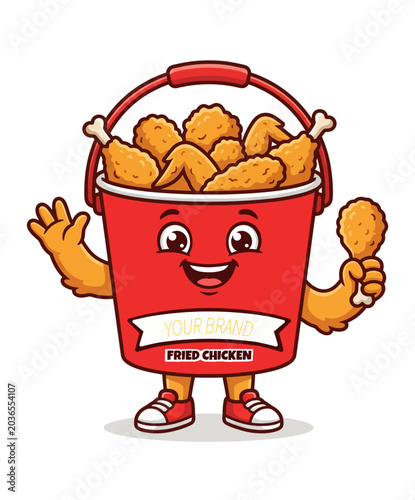 Happy Cartoon Bucket of Fried Chicken Waving and Holding a Drumstick Fast Food Mascot