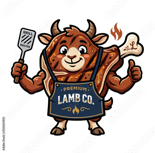 Mascot Character Smiling Cartoon Lamb Steak Chef Giving Thumbs Up with Spatula Premium Lamb Co Branding