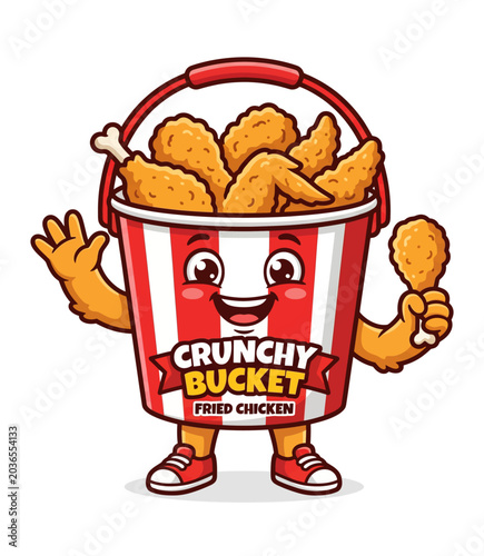 Funny Cartoon Mascot Character of a Crunchy Fried Chicken Bucket Waving and Holding a Drumstick Perfect for Fast Food Branding