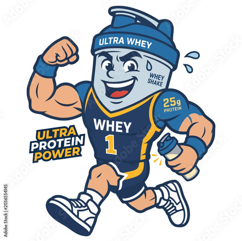 Muscular Cartoon Character Ultra Whey Protein Shake Bottle with 25g Protein on Jersey Running and Flexing Bicep Representing Fitness and Health