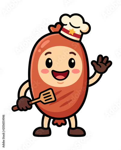 Cute Cartoon Sausage Chef Character Waving and Holding Spatula Vector Illustration for Food Marketing