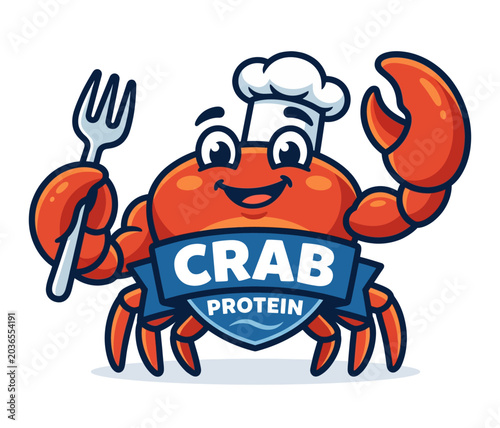 Happy Chef Crab Mascot Holding Fork and Shield with CRAB PROTEIN Text Vector Illustration