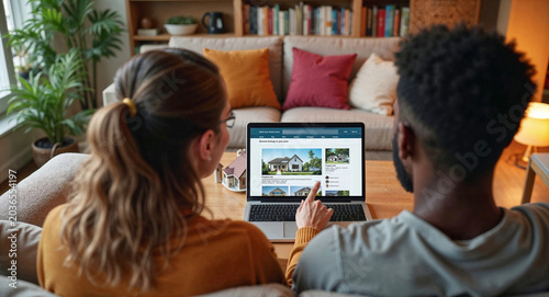 Young diverse couple browsing real estate listings on laptop, choosing dream home, planning to buy new house. Woman pointing at laptop screen showing realistic website design with readable text