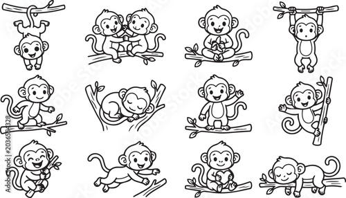 Photography Baby Monkey Hanging from Branch Simple Line Art Vector Illustration