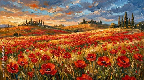 Impressionist Oil Painting of Red Poppy Field in Tuscany Landscape at Sunset
