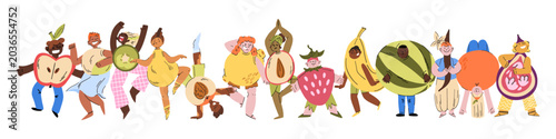 Fotografie A large collection of teenagers dressed as fruits in various poses, a cultural d