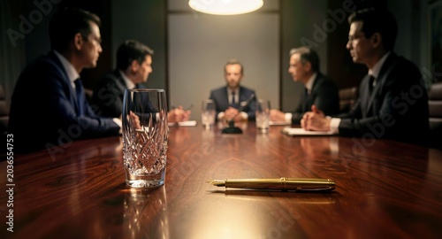 Elegant wooden boardroom table with business executives in a meeting for corporate marketing.

