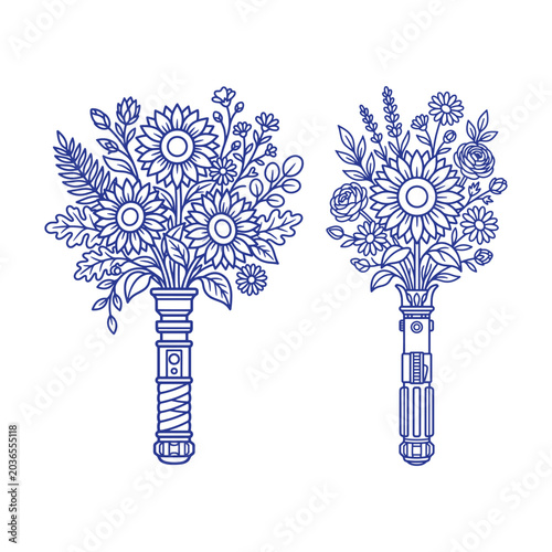 Sunflower Bouquet Floral Lightsaber Line Art Collection with Botanical Flowers