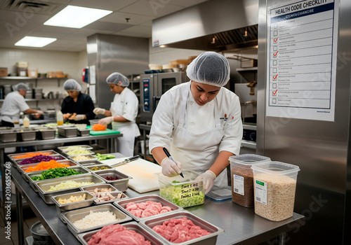 Female chef prepping ingredients in professional kitchen setting