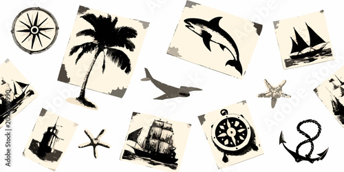 Tableau sur toile Nautical Silhouettes And Marine Life Black And White Vector Illustration