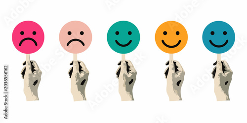 Quadro su tela Five hands holding colorful smiling and frowning face shapes on white background