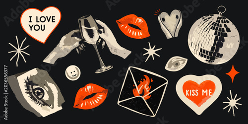 Photos Romantic Symbols Collage Illustrated Vector Arrangement On Black Background