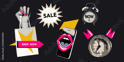 Shouting mouth with sale text vector illustration on dark background