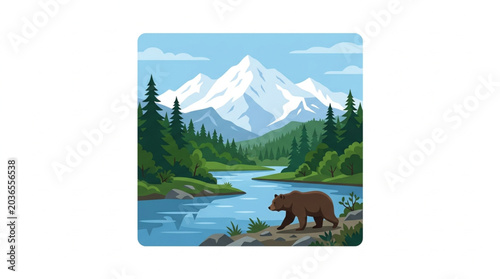 Foto Brown bear walking by a river with snow capped mountains in the background