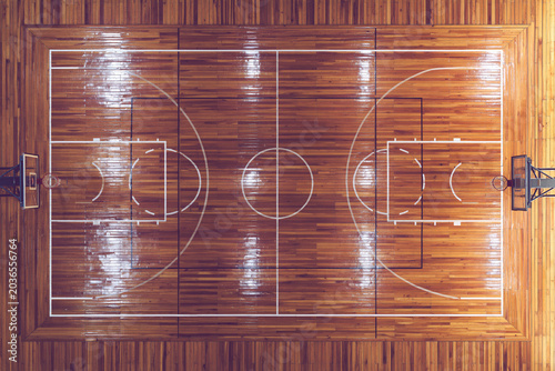 Indoor basketball court wooden floor top view