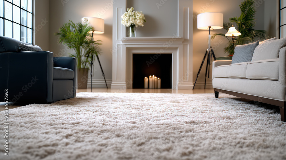 Fototapeta premium Modern living room with white plush carpet, blue and beige sofa, fireplace, floor lamps, green plants, and cozy ambiance