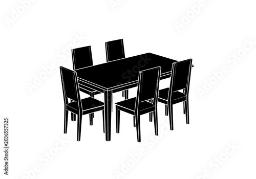 Modern dining table with six chairs in minimalist design style