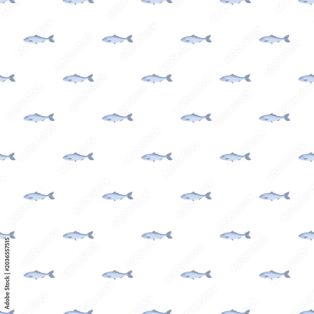 Fototapeta premium Blue fish swimming in an aquatic seamless pattern on a white background