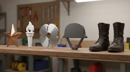 Bronze star white flame silver poppy gray helmet and leather combat boots arranged in a neat horizontal row on a wooden workshop table for memorial day