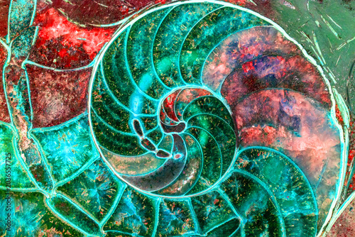 Schilderij op canvas abstract texture of ammonite with a golden section in a close-up