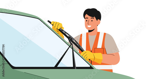 Man cleaning windshield with wiper