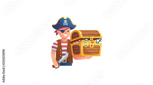 фотографія Cartoon Pirate Character with Treasure Chest Full of Gold Coins.