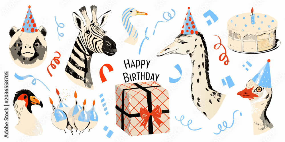 Obraz premium Animal illustrations with birthday elements watercolor style