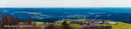 High resolution stitched spring panorama on a sunny day at Mount Pilgramsberg, Rattiszell, Straubing, Bogen, Bavaria, Germany