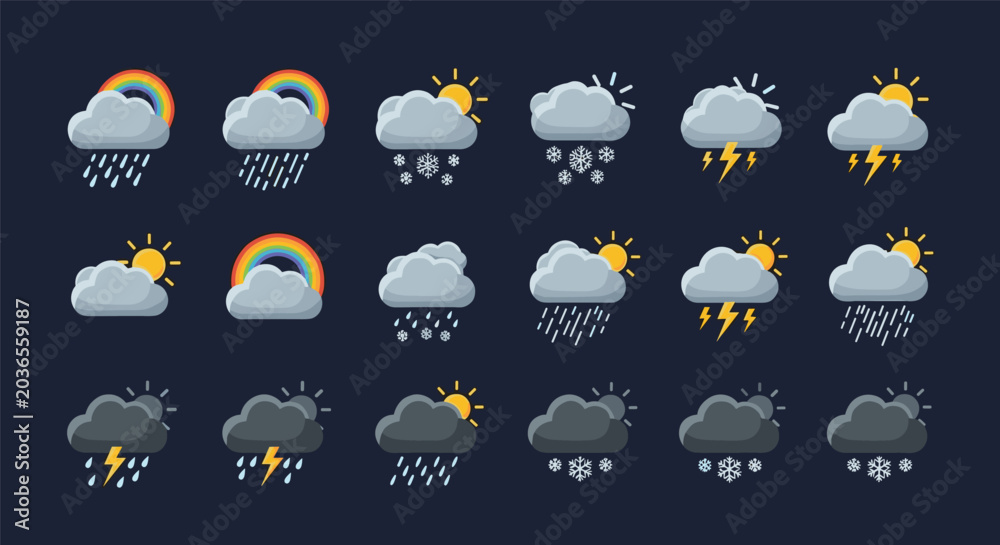 Obraz premium Weather forecasting icons set provides representations for conditions like rain, snow, lightning, and sunny intervals with clouds.