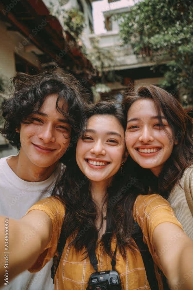 Fototapeta premium Three smiling young friends taking a selfie outdoors with a vintage camera