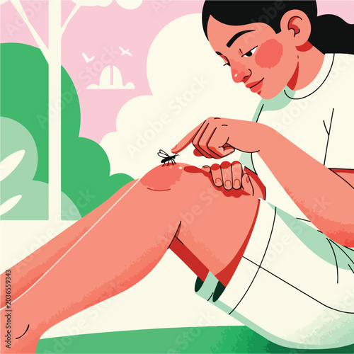 Woman examining a mosquito on her knee in a park