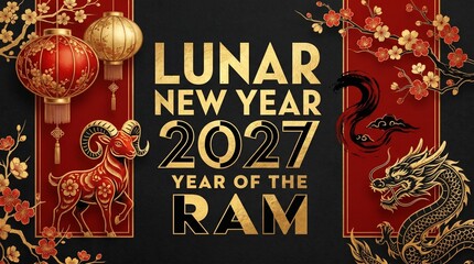2027 lunar new year decorative composition featuring year of the ram golden goat illustration dragon art and traditional red lanterns celebration lanterns background oriental