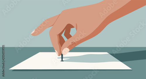 A hand places a thumbtack on paper