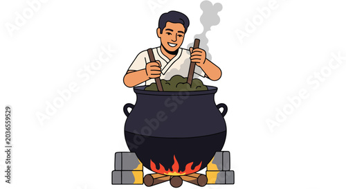 Person stirring large pot over open fire
