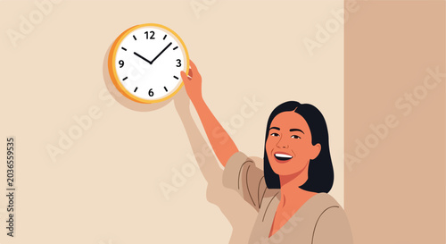 Woman adjusting wall clock