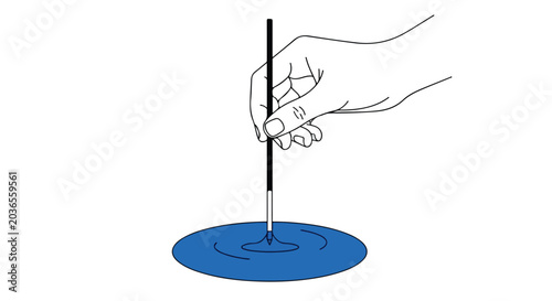 Hand holding stick stirring blue liquid