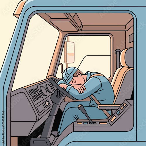 Driver rests his head on the steering wheel inside a cab