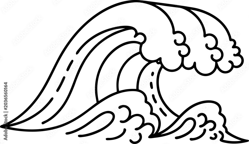 Obraz premium Ocean wave line drawing simple black and white sea wave illustration with foam and curling crest