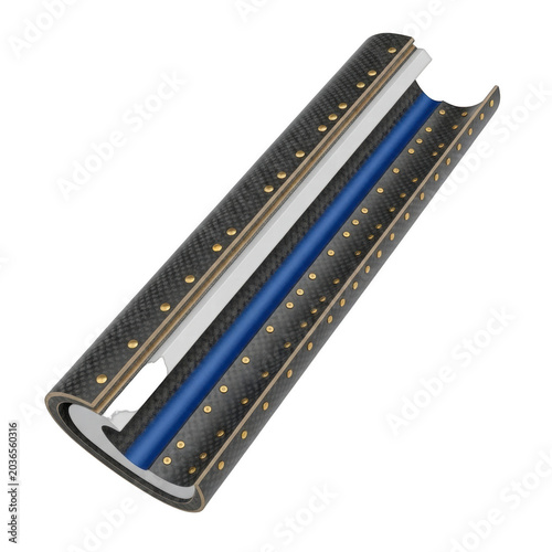 Cutaway of composite pipe with blue inner tube and metallic studs