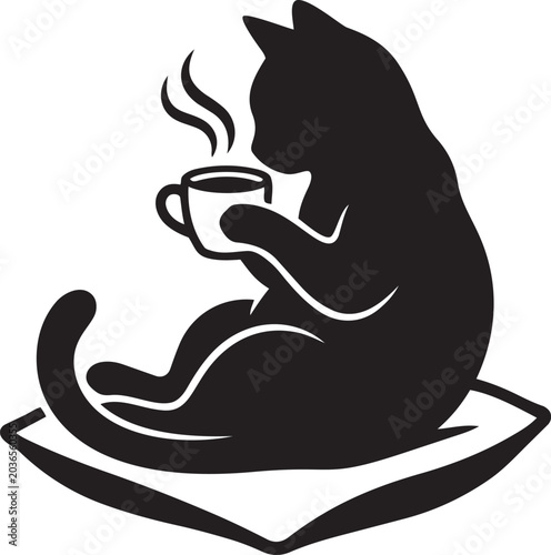 Minimal Cat Drinking Coffee Relaxed Morning Vibe Vector Illustration