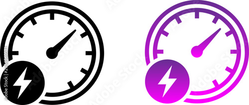 Speedometer icons with lightning bolt in black and purple gradient