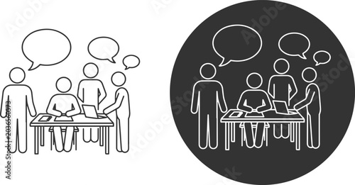 Vector illustration of people discussing at a table with speech bubbles
