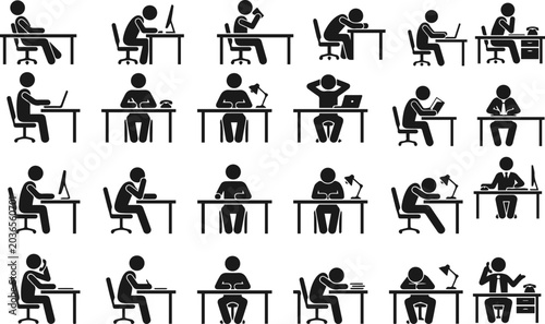 Collection of people working at desks in various poses and positions