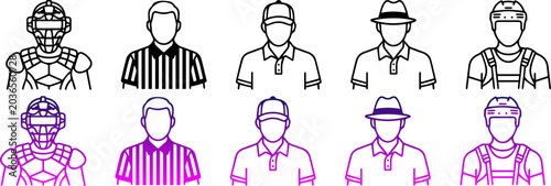 Vector illustrations of people wearing various hats and uniforms in black and purple