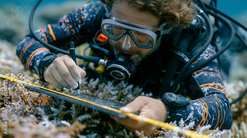 Marine biologist in full scuba gear conducting coral bleaching assessment survey on Indo Pacific reef system, underwater transect methodology with waterproof data slate, measuring tape, and photogra