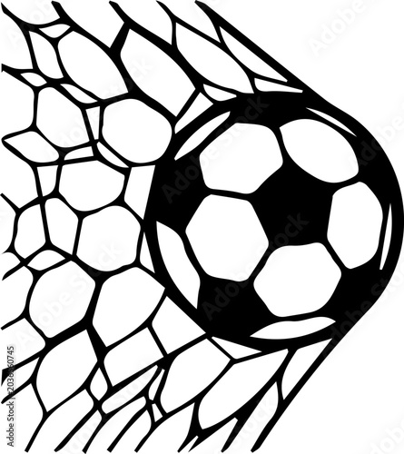 Black and white illustration of a soccer ball in a goal net