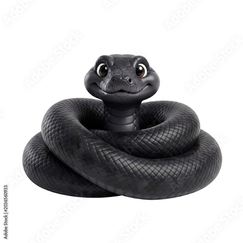 Cute black snake with big eyes coiled up and smiling