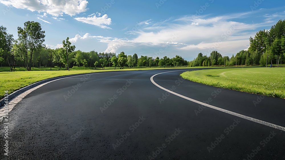 Fototapeta premium Winding Asphalt Road Through Lush Green Countryside Under Bright Blue Sky