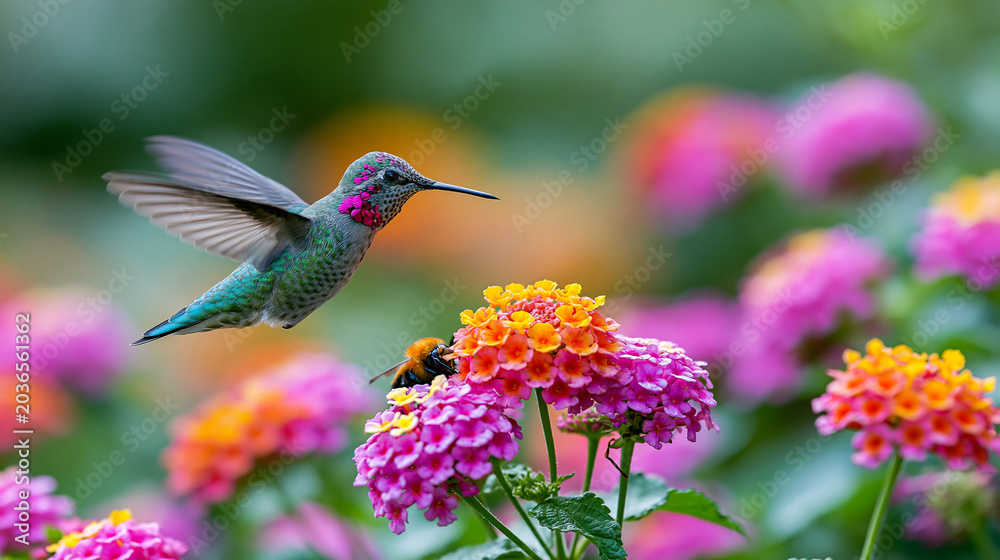 Fototapeta premium Vibrant hummingbird and bumblebee feeding on colorful flowers in a sunny garden setting, wildlife nature photography, biodiversity and pollinator concept, defocused background,