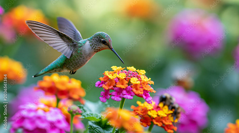 Fototapeta premium Vibrant hummingbird and bumblebee feeding on colorful flowers in a sunny garden setting, wildlife nature photography, biodiversity and pollinator concept, defocused background,
